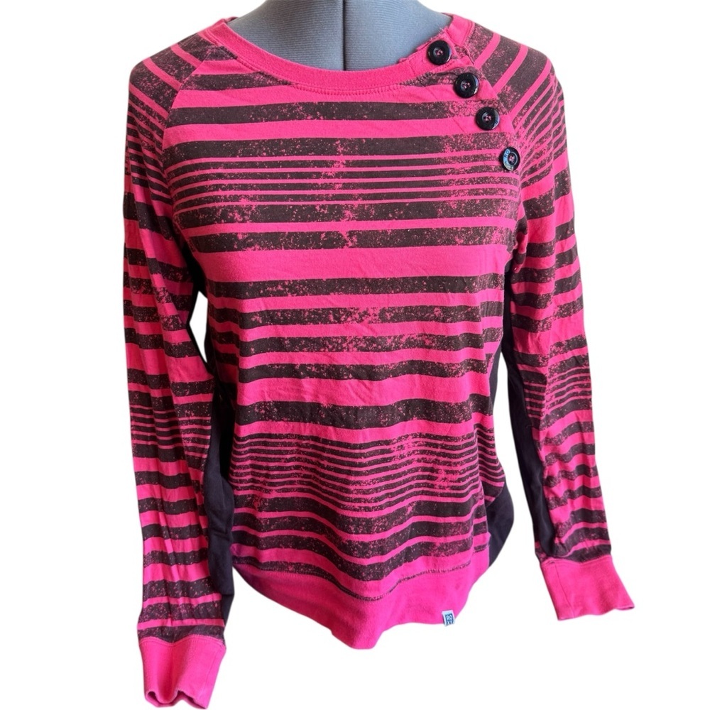 Roxy Pink Brown Striped Long Sleeve Y2K Skater Surf Girl Graphic Tee Casual Top